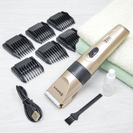 Машинка для стрижки 6 насадок, керамическое лезвие, бежевая с черным