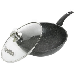 Сковорода 28см ВОК Гранит black с несъемной ручкой и стеклянной крышкой