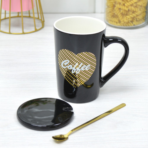 Кружка 410мл Coffee черная с крышкой и ложкой