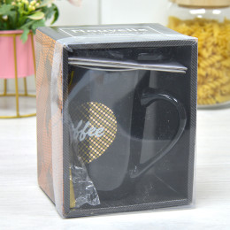 Кружка 410мл Coffee черная с крышкой и ложкой