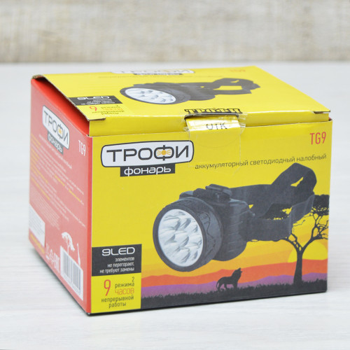 Фонарь налобный светодиодный "Трофи" TG9 аккумуляторный мощный яркий 2 режима черный