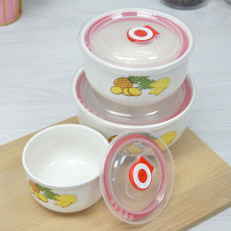 Набор салатников 3 предмета 290мл, 540мл, 930мл с пластиковыми крышками "Ананас"