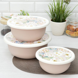 Комплект мисок 3шт 1,2л; 2,1л; 3,2л "Modena" с крышками с декором бежевый