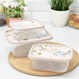 Комплект контейнеров для продуктов 3шт 0,5л; 0,85л; 1,5л, прямоугольные с декором бежевый