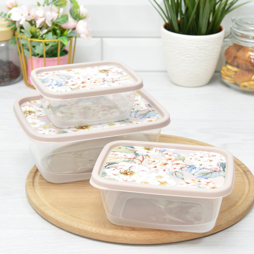Комплект контейнеров для продуктов 3шт 0,5л; 0,85л; 1,5л, прямоугольные с декором бежевый