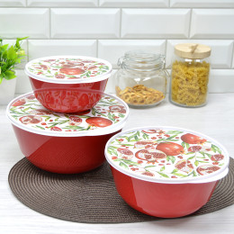 Комплект мисок 3шт 1л, 2л, 3л "Bergamo" с крышками с декором красный