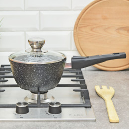 Ковш 1,2л Гранит black со съемной ручкой и стеклянной крышкой