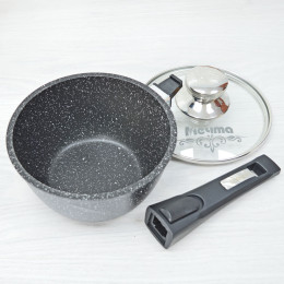 Ковш 1,2л Гранит black со съемной ручкой и стеклянной крышкой