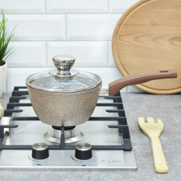 Ковш 1,2л Гранит brown с несъемной ручкой и стеклянной крышкой